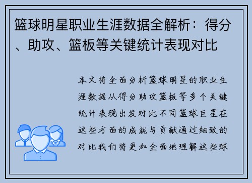 篮球明星职业生涯数据全解析:得分、助攻、篮板等关键统计表现对比 篮球明星职业生涯数据全解析:得分、助攻、篮板等关键统计表现对比